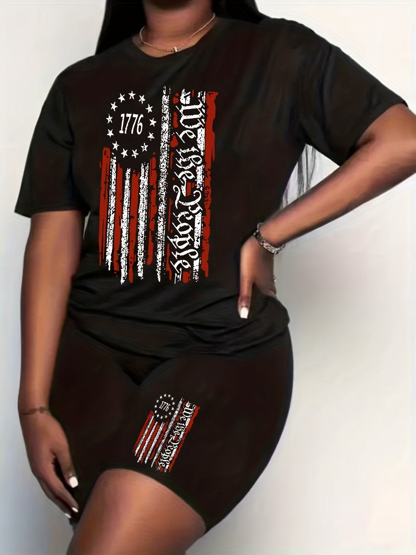 Women's Plus Flag & Letter Print Crew Neck Top & Shorts Outfit Set