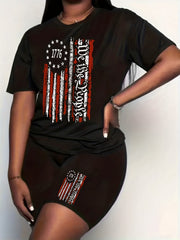 Women's Plus Flag & Letter Print Crew Neck Top & Shorts Outfit Set