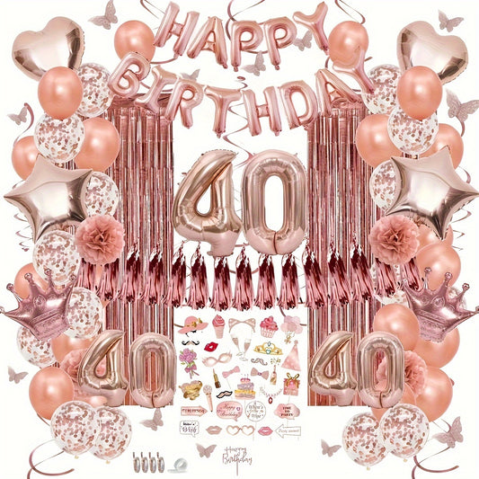 40th Rose Golden Happy Birthday Theme Set Props Balloon Rain Curtain Pull Flag