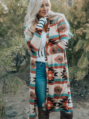 Women's Geometric Block Open Front Long Cardigan