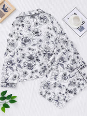 Heart Print Pajama Set Long Sleeve Buttons Top & Elastic Waistband Pants Women's
