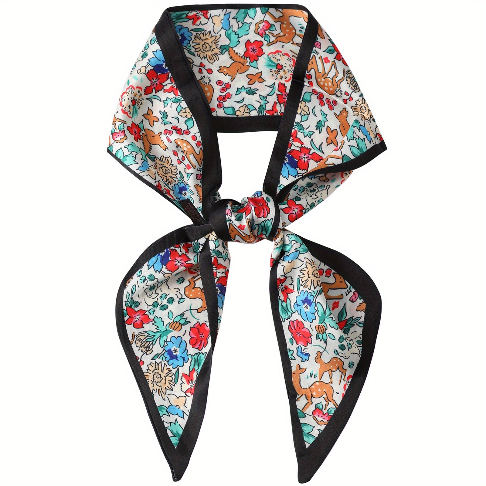 Green Floral Print Skinny Scarf Silk Hair Ribbon Satin Neckerchief Twilly Scarf