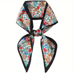 Green Floral Print Skinny Scarf Silk Hair Ribbon Satin Neckerchief Twilly Scarf
