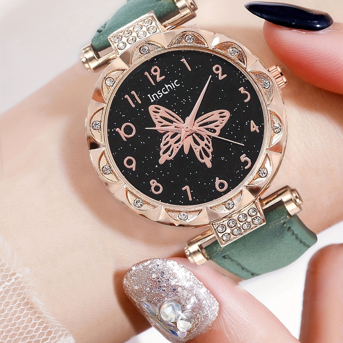Butterfly Quartz Watch & 4 Bracelets Set, Green Butterfly