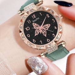 Butterfly Quartz Watch & 4 Bracelets Set, Green Butterfly