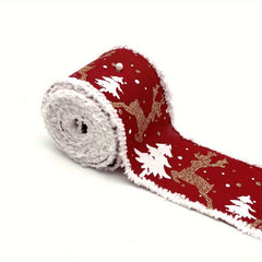 4.57m Pink Christmas Tree Burlap Ribbon with Wired Edge, Elk and Snowflake