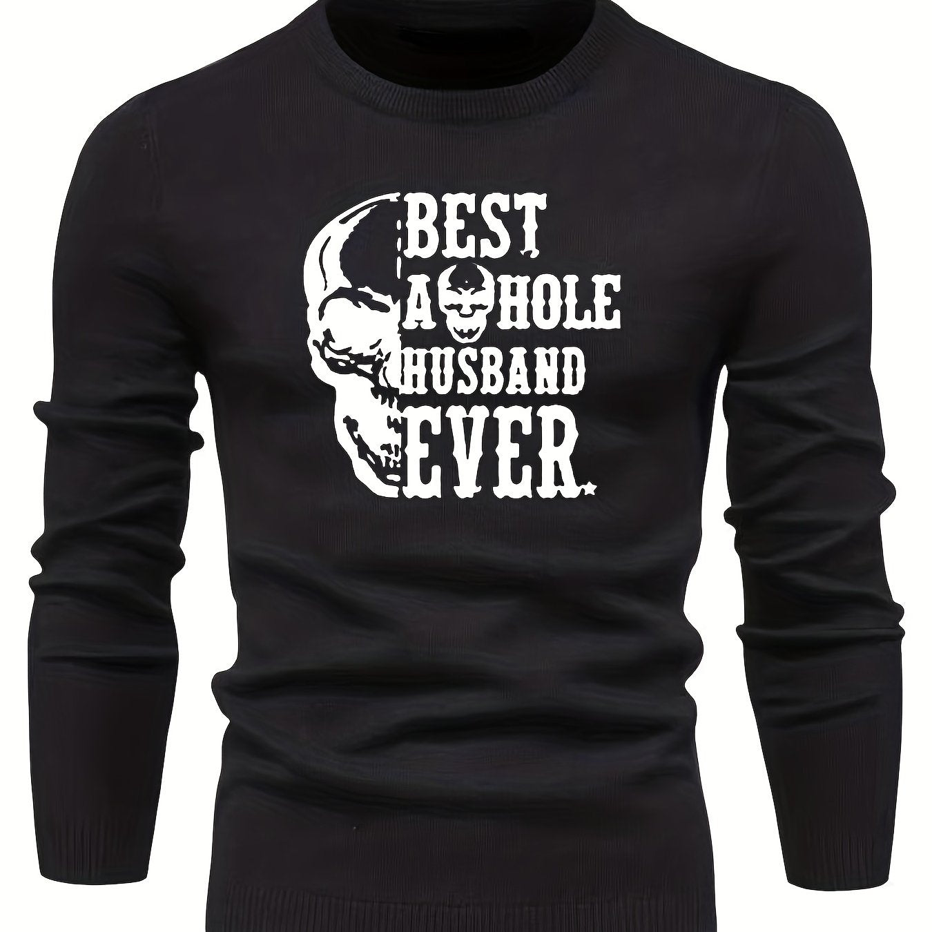 Skull & Letter Print Sweater Men's Casual Retro Style Mid Stretch Crew Neck Pull