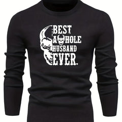 Skull & Letter Print Sweater Men's Casual Retro Style Mid Stretch Crew Neck Pull