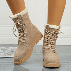 Women's Plush Lined Snow Boots Thermal Lace Up Mid Calf Combat Boots