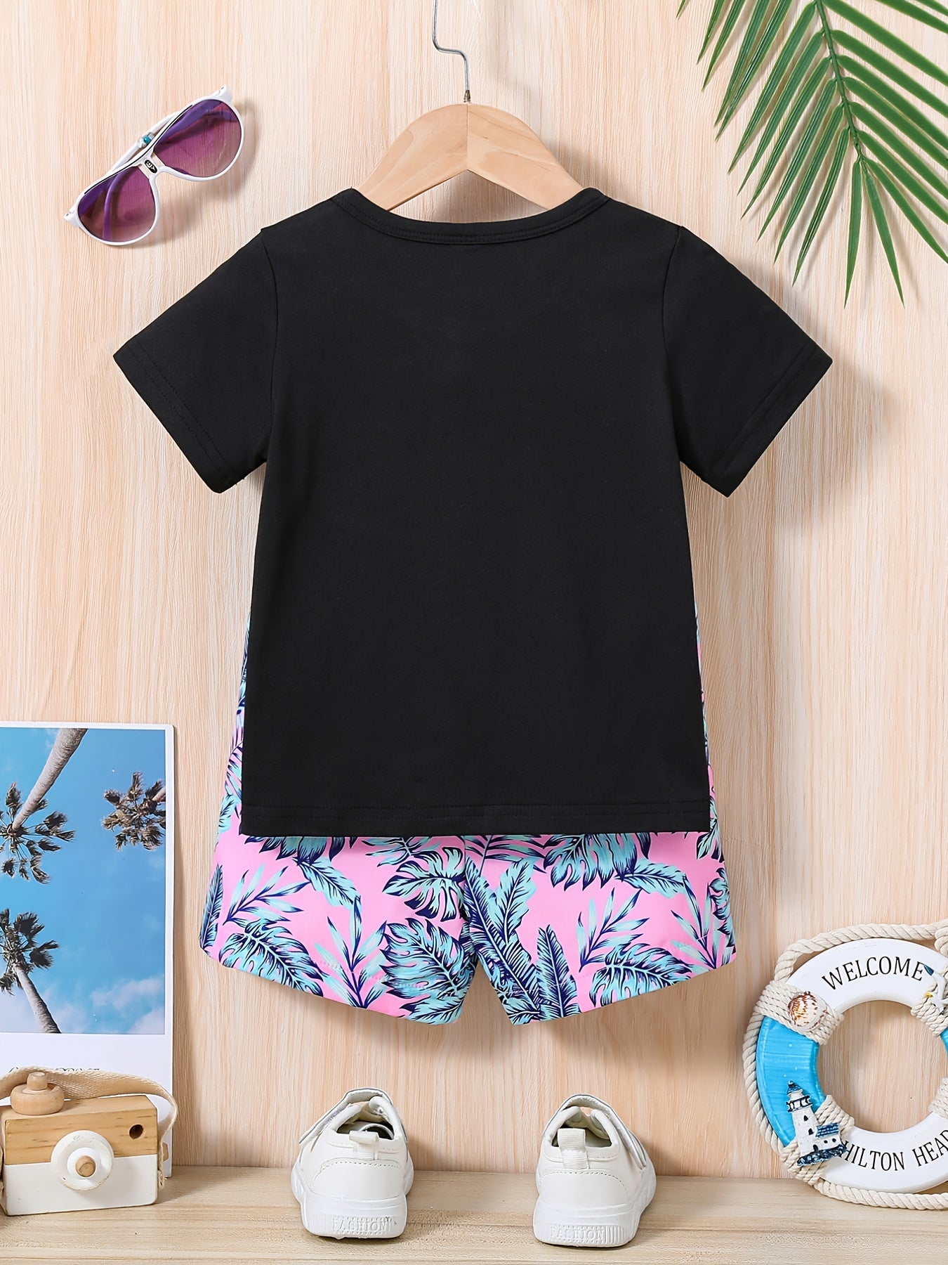 2pcs Baby Boys Coconut Trees & Leaf Print T shirt & Shorts Summer Clothes Sets