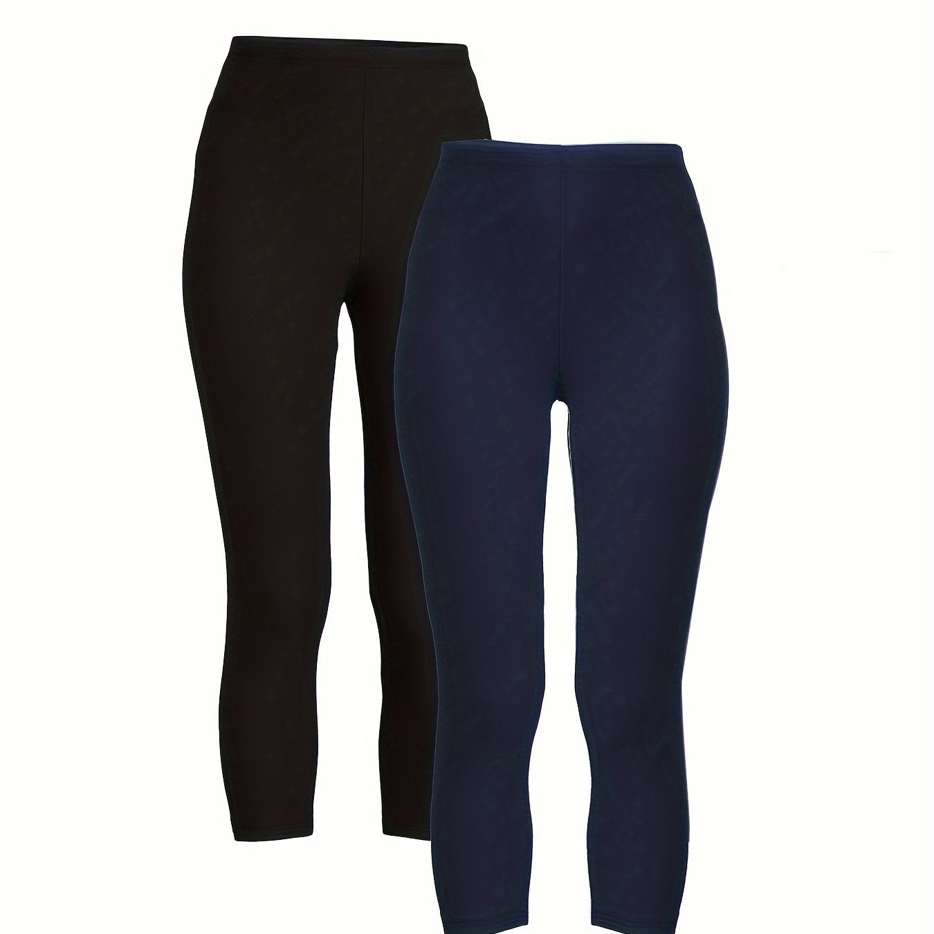 2 Pack Plus Size Casual Leggings Set Women's Plus Solid Elastic High Rise Leggin