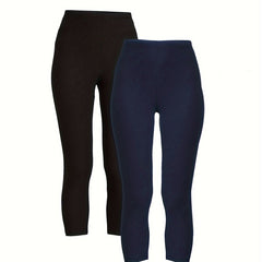 2 Pack Plus Size Casual Leggings Set Women's Plus Solid Elastic High Rise Leggin