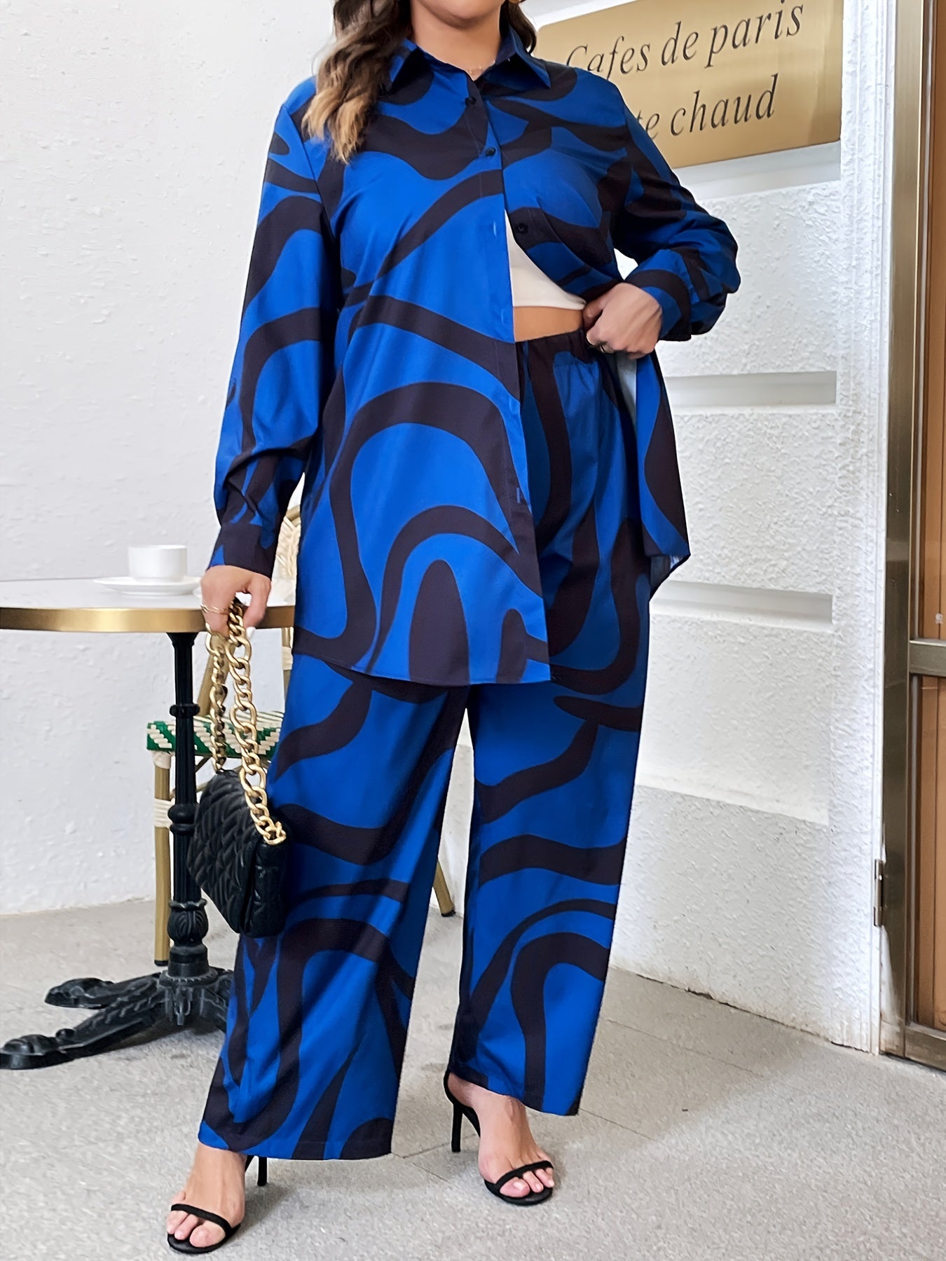 Abstract Stripe Print Shirt & Wide Leg Pant Set