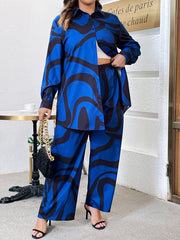 Abstract Stripe Print Shirt & Wide Leg Pant Set