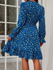 Ditsy Floral Print Shirred Dress V-Neck Ruffle Trim Women's Clothing