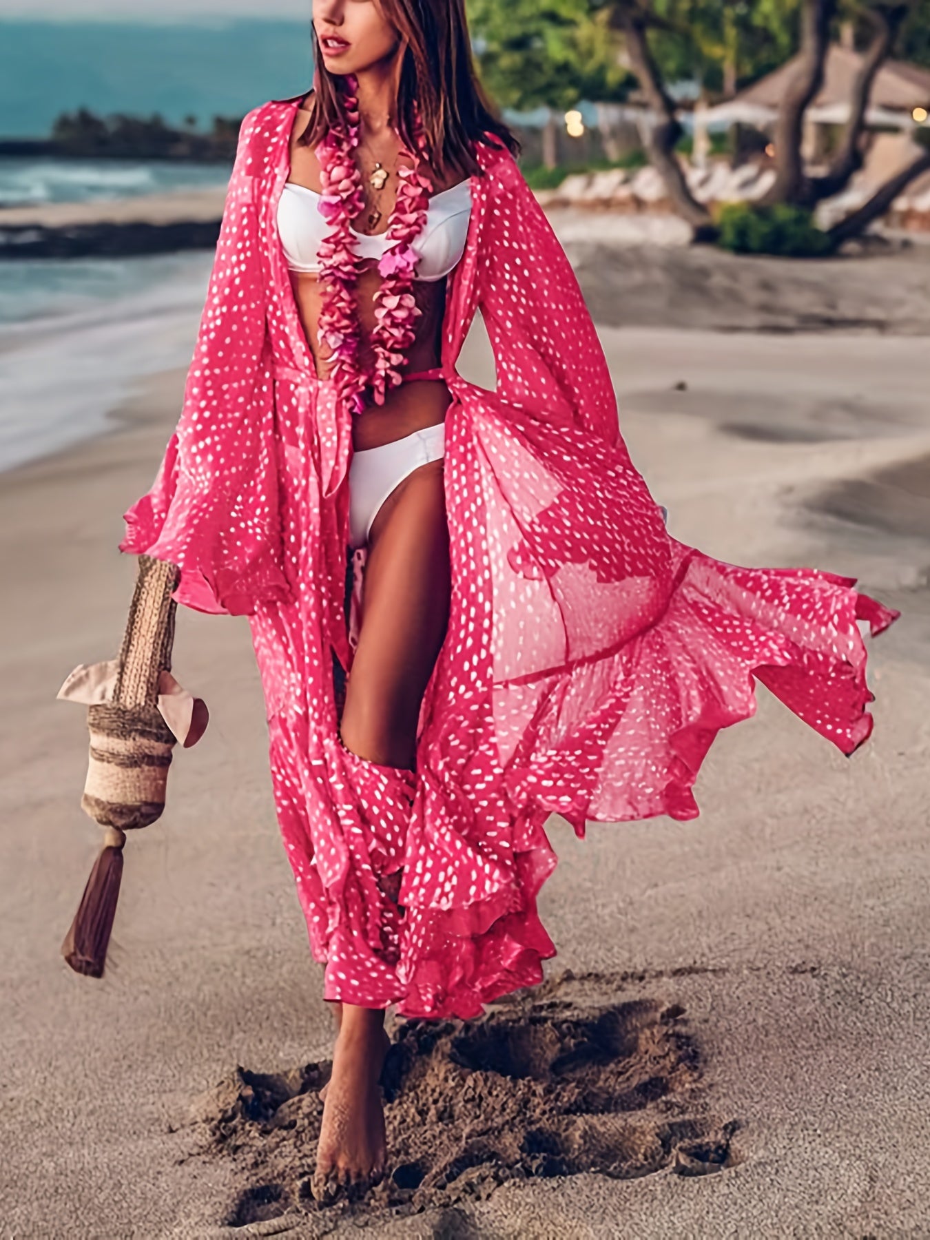 Dot Print Ruffle Trim Cover Up Dress With Belt