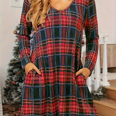 Women's Plus Plaid Print V Neck Loose Dress