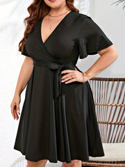 Solid Flutter Sleeve Stretch Midi Dress With Belt