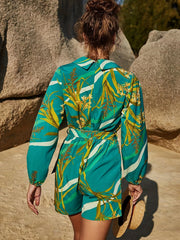 Floral Print Surplice Neck Romper Jumpsuit Long Sleeve Belted