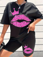 Lip Print Matching Set Short Sleeve T-shirt & Shorts Outfit Women's Clothing