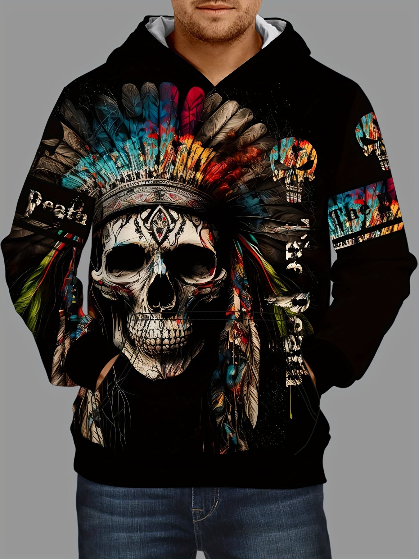 Ethnic Style Skull Print Hoodie Men's Graphic Pullover Autumn Winter