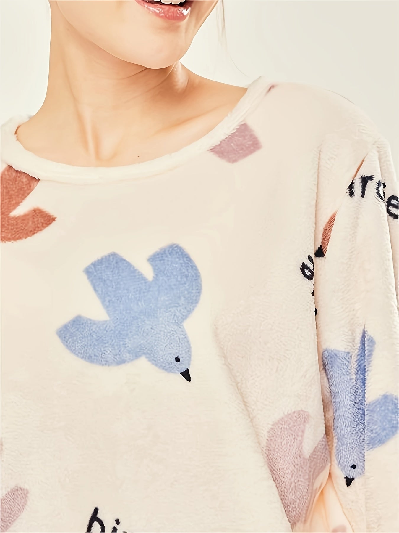 Cartoon Print Fuzzy Pajama Set Long Sleeve Top & Elastic Waistband Pants