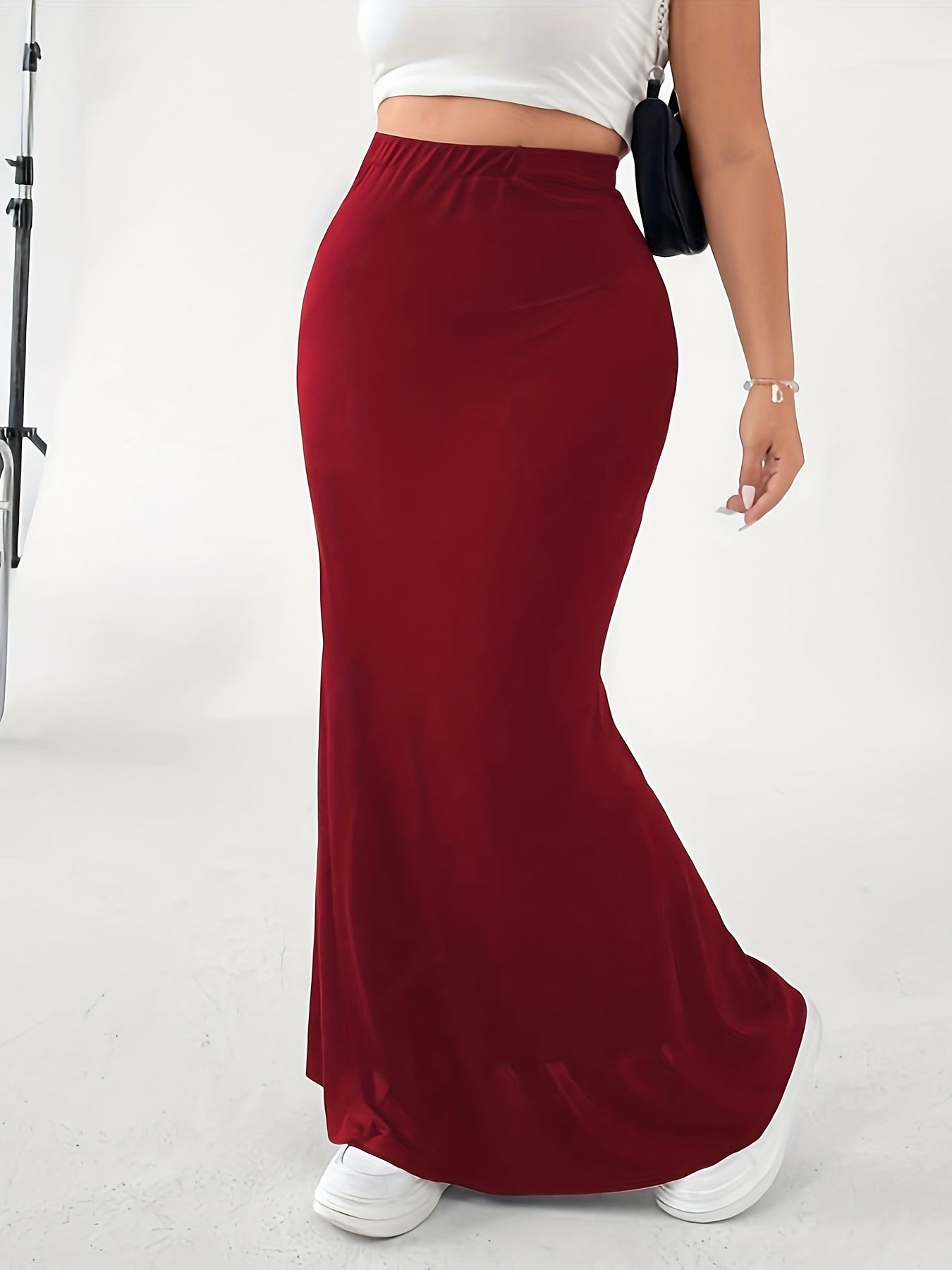 Solid Mermaid Maxi Skirt Elastic High Rise Stretch