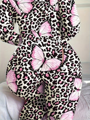 Sexy Sleepwear Jumpsuit: Butterfly & Leopard Print Long Sleeve