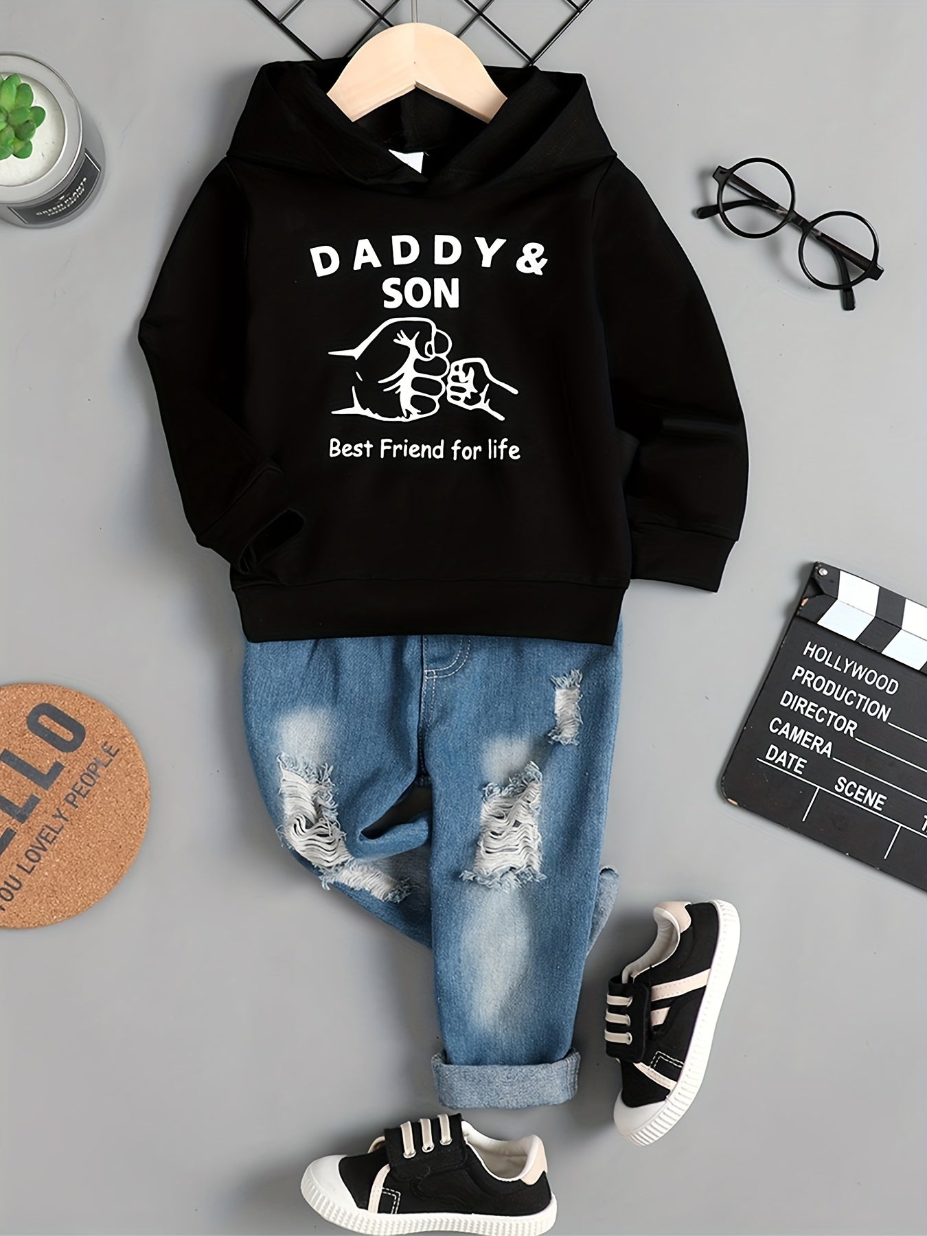 DAD SON Fist Graphic Print Boys Long Sleeve Hooded Sweatshirt&Denim Pants Set