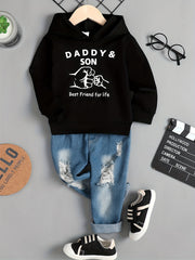 DAD SON Fist Graphic Print Boys Long Sleeve Hooded Sweatshirt&Denim Pants Set