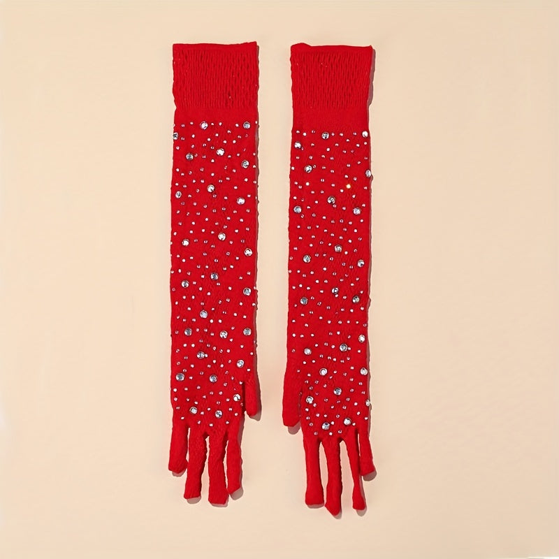 Red Fishnet Gloves with Rhinestone for Wedding Party
