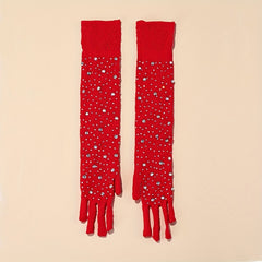 Red Fishnet Gloves with Rhinestone for Wedding Party