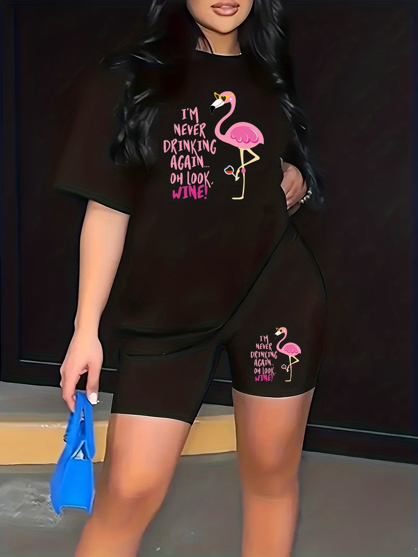 Casual Outfit Set Women's Slogan & Flamingo Print Crop Top & Shorts