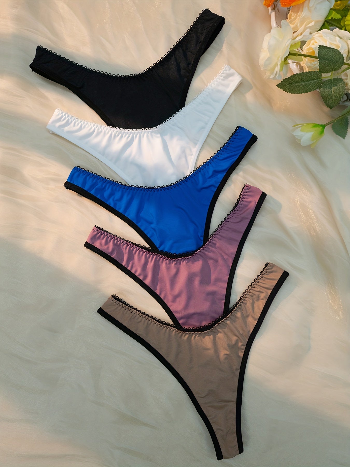 5pcs Mixed Contrast Trim Thongs Soft Intimates Panties Women's Underwear