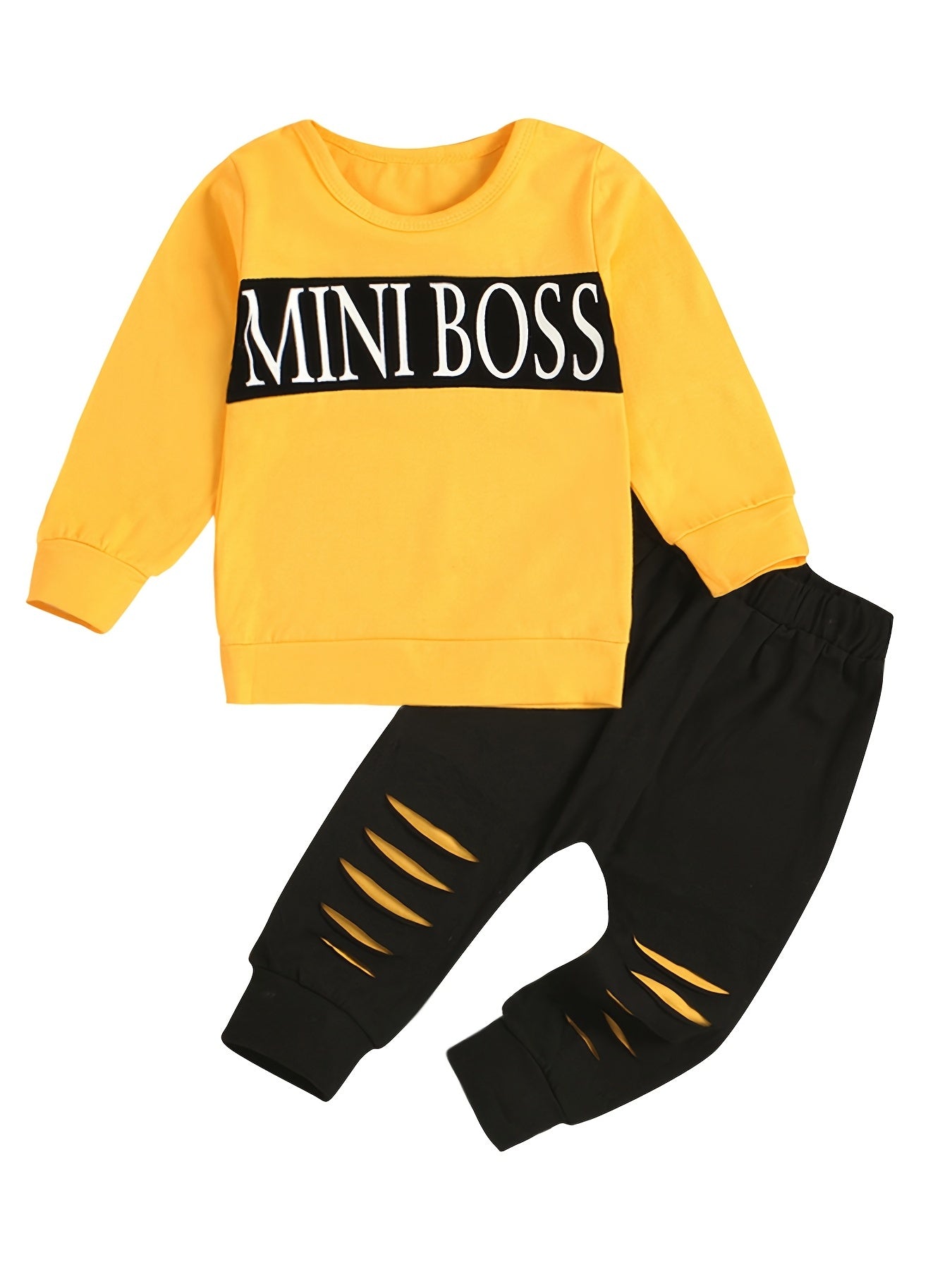 2pcs Boys Casual Set with MINI Print Sweatshirt & Ripped Sweatpants
