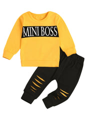 2pcs Boys Casual Set with MINI Print Sweatshirt & Ripped Sweatpants