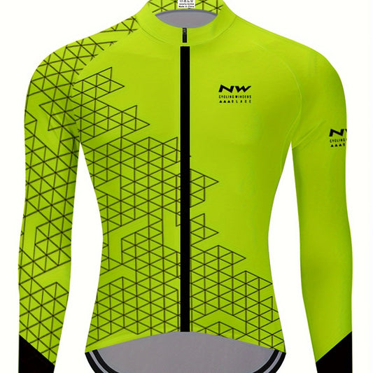 Geometric Print Men's Zip Up Long Sleeve Cycling Jersey