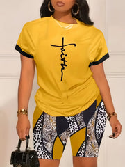 Women's Plus Cross Print Tee & Leopard Shorts Outfit Set