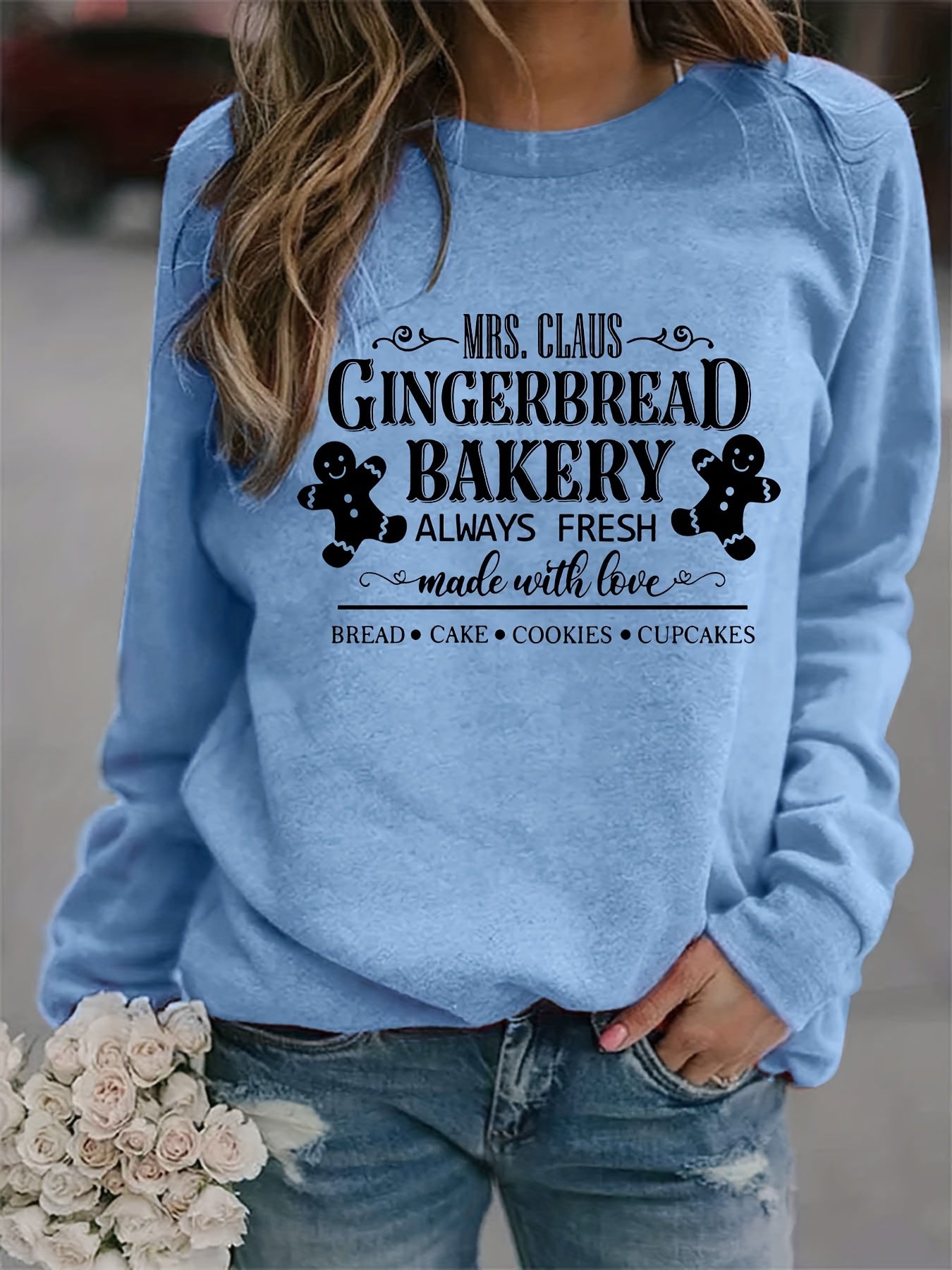 Gingerbread Bakery Sweatshirt Long Sleeve Crew Neck Women's Clothing