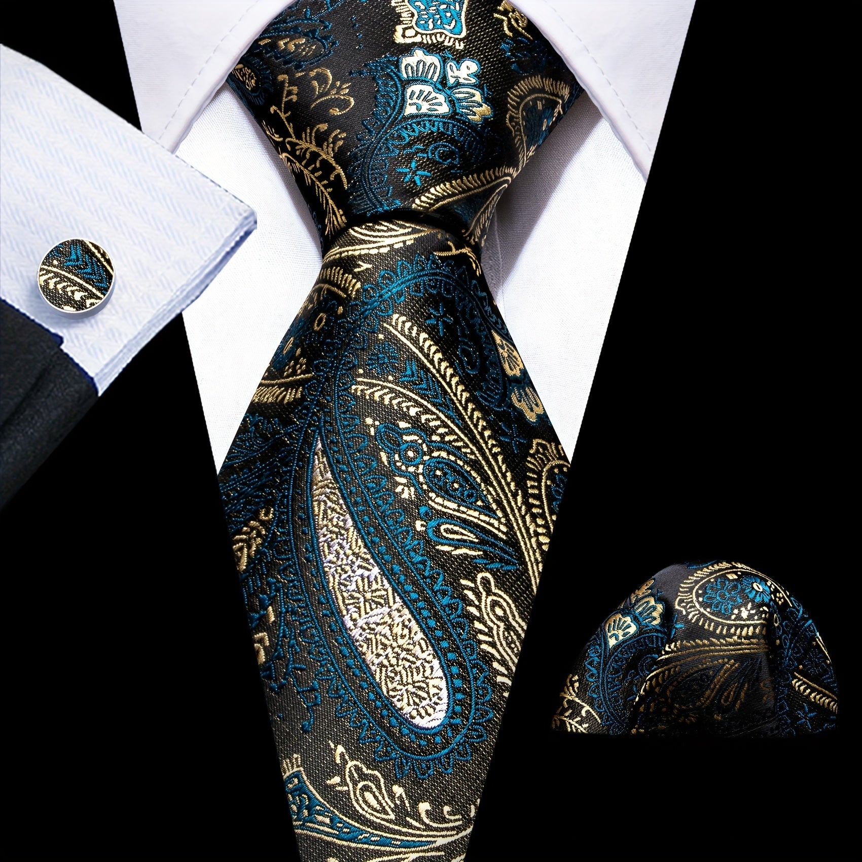 Barry Wang Classic Striped Tie For Men Silk Necktie Pocket Square Cufflinks Set