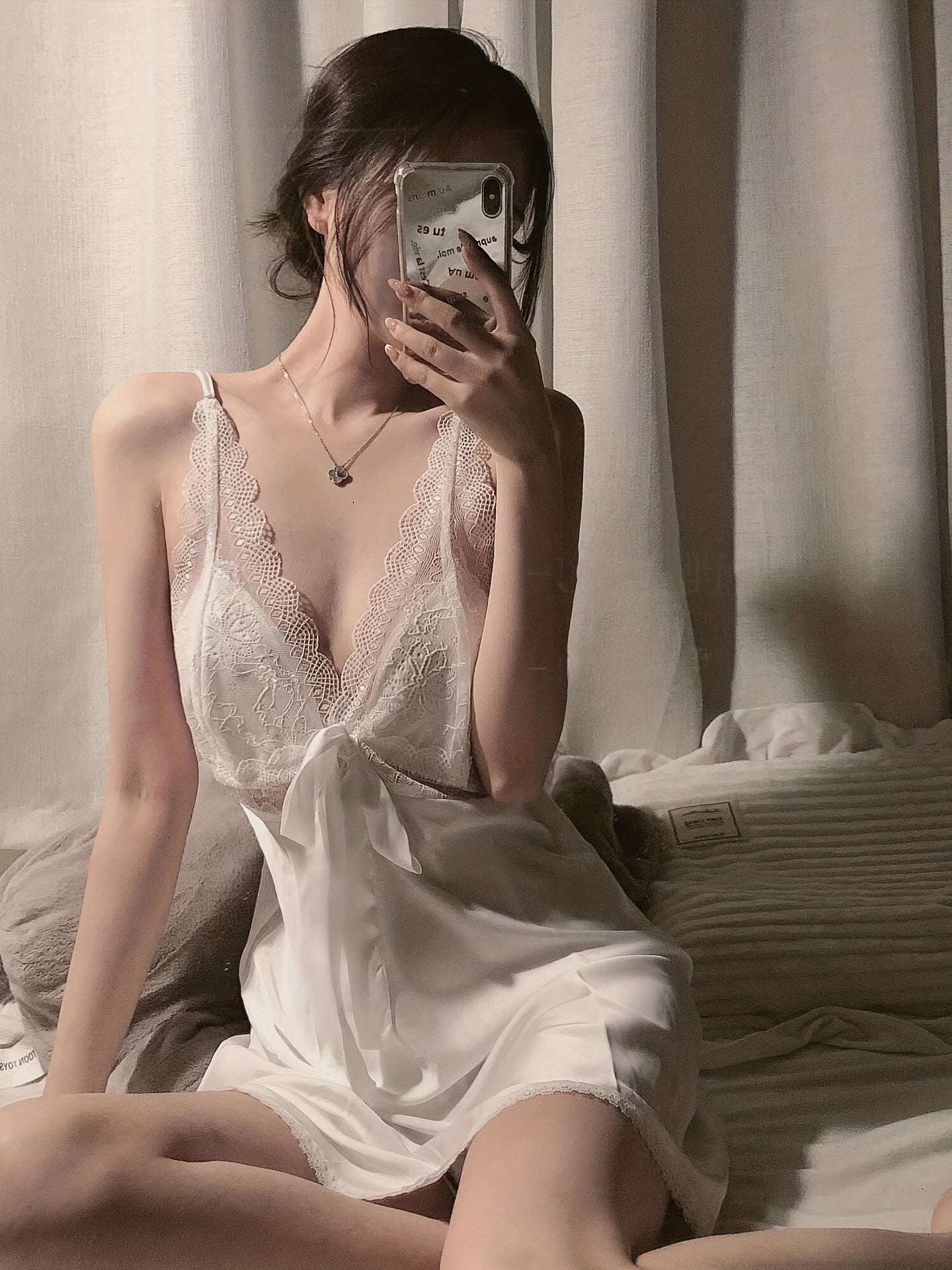 Lace Satin Nightdress Deep V Backless Sleepwear