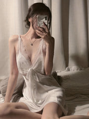 Lace Satin Nightdress Deep V Backless Sleepwear
