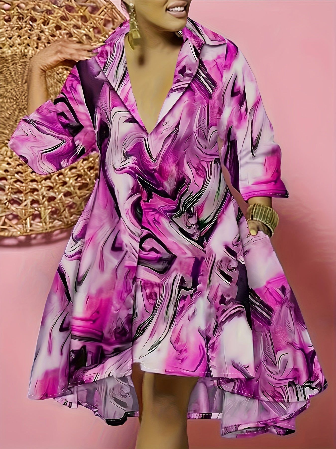 Marble Print Long Sleeve Polo Neck Dress With Pockets