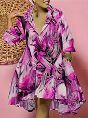 Marble Print Long Sleeve Polo Neck Dress With Pockets