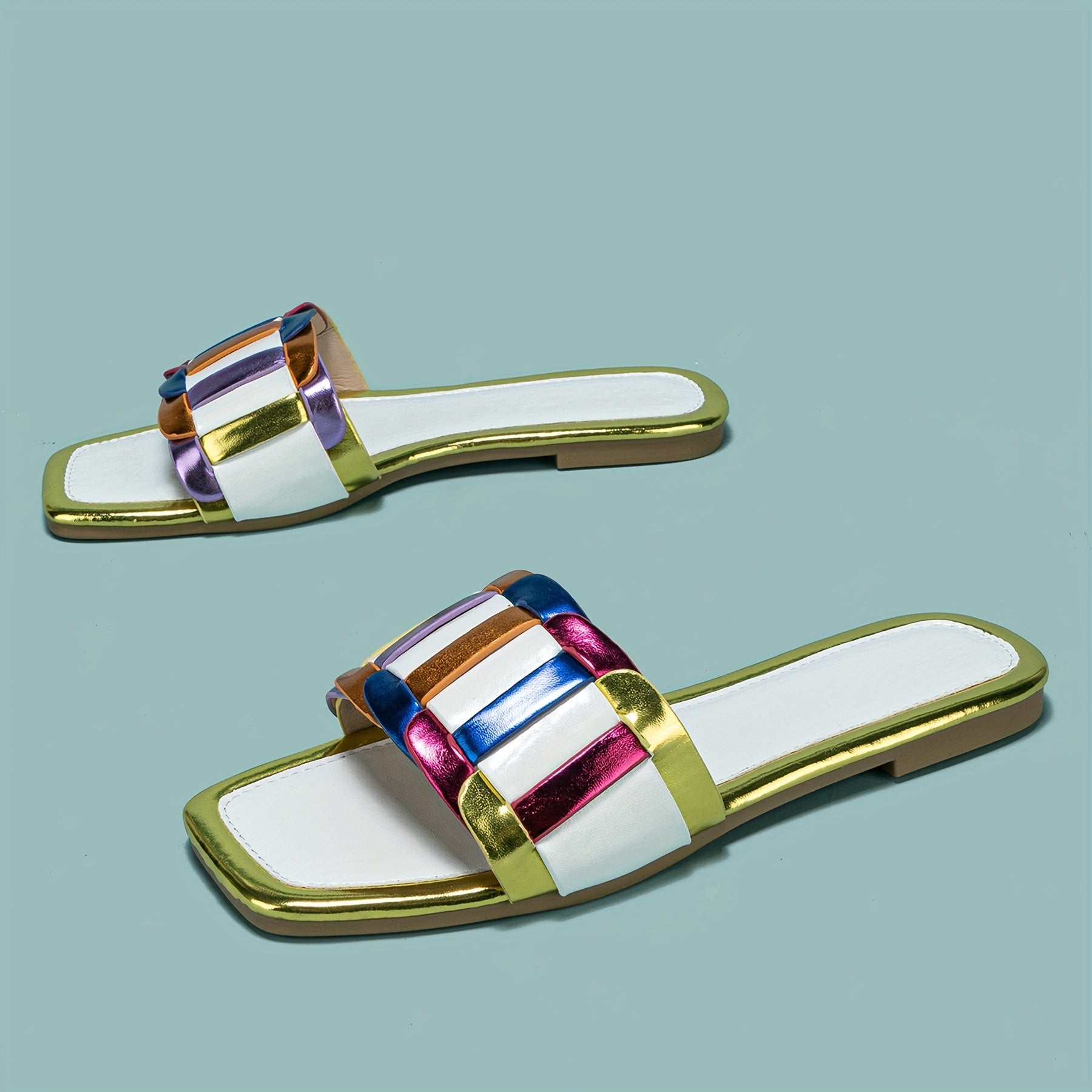 Women's Strappy Back Slide Sandals Slip On Flat Shoes Lightweight Square Toe