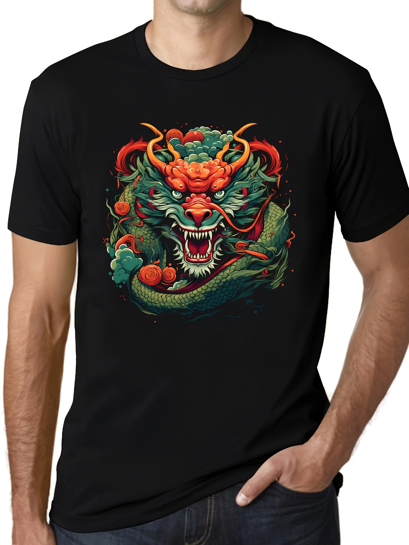 Men's Dragon Pattern Sports T-shirt Round Neck Tee