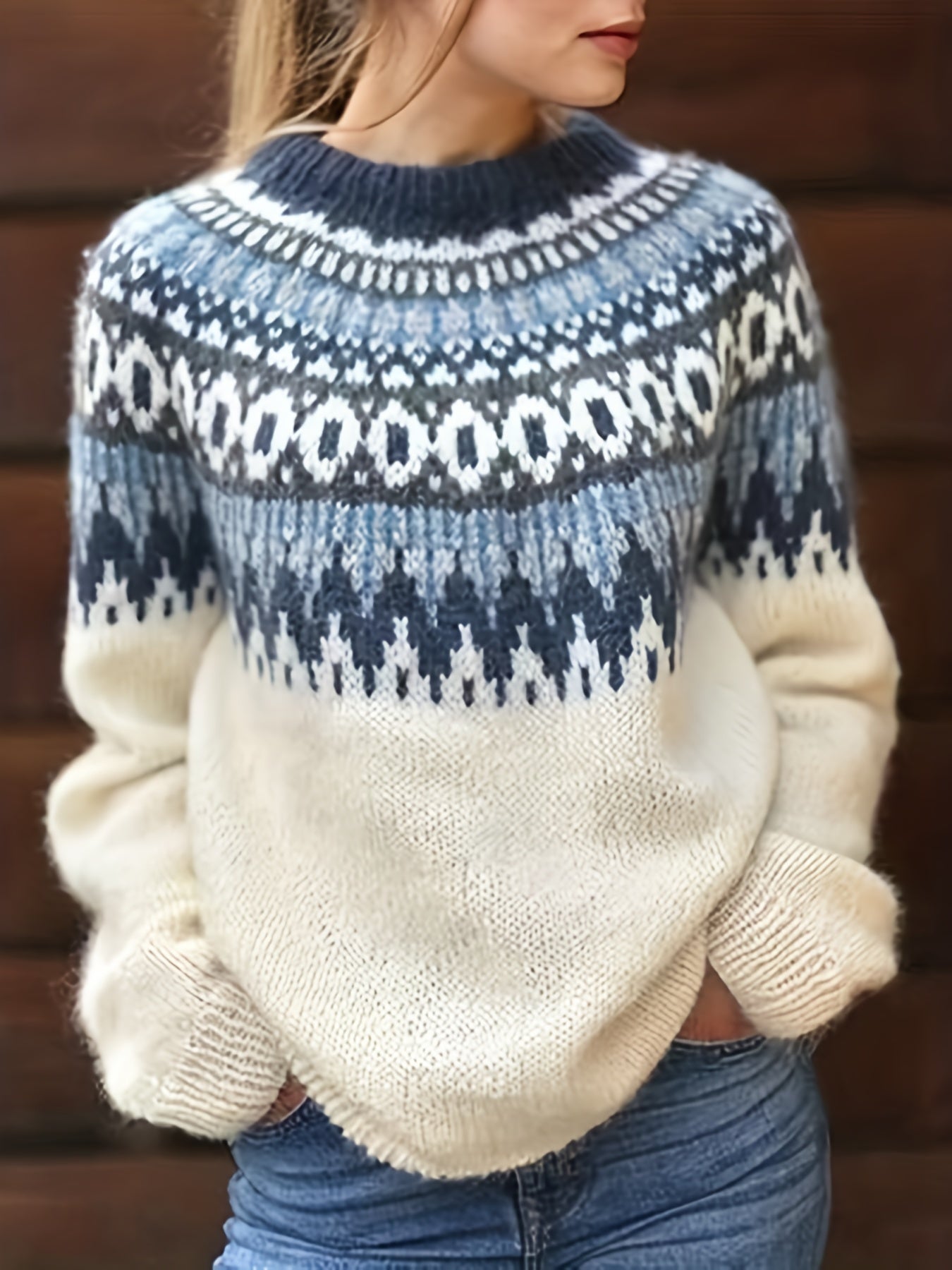 Fair Isle Pattern Crew Neck Sweater Vintage Long Sleeve Sweater