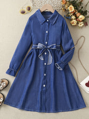 Girls' Faux Denim Long Sleeve Dress With Belt Comfy Long Dresses