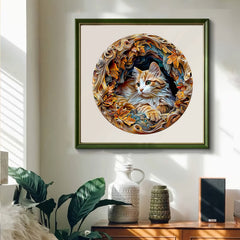 Cat Shaped Wooden Jigsaw Puzzle with Autumn Leaves Art