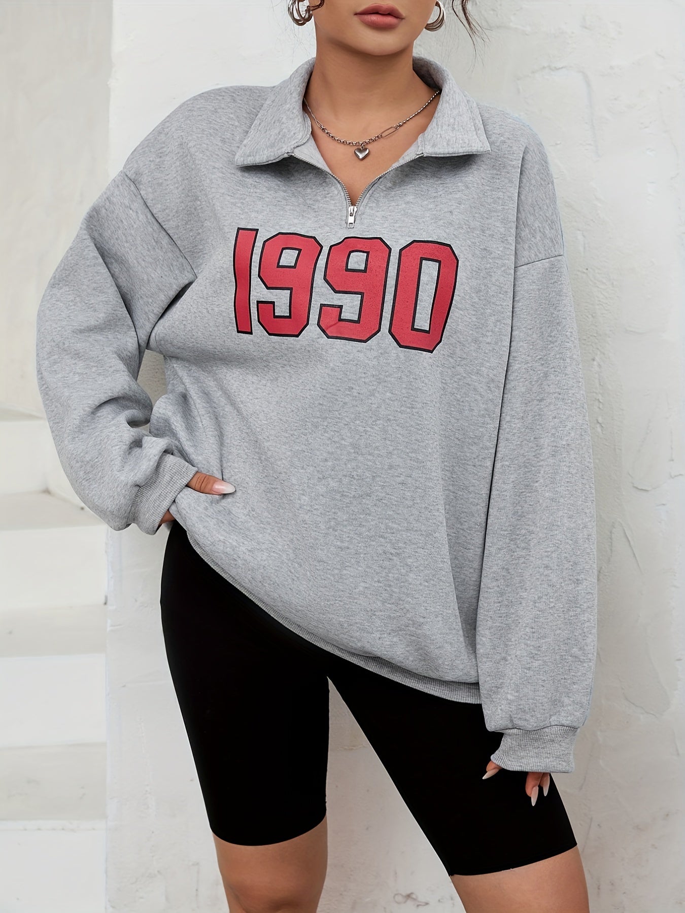 1990 Print Pullover Sweatshirt Long Sleeve Polo Collar for Fall & Winter